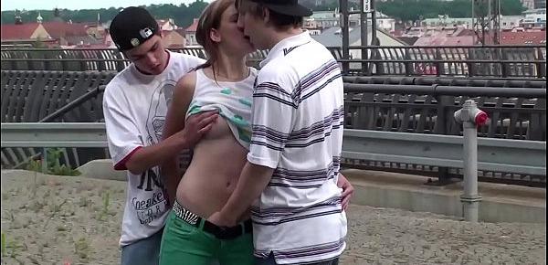  Cum in mouth of cute teen Alexis Crystal in public train station gang bang orgy